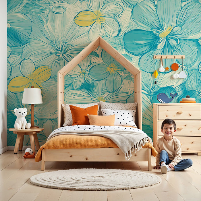 Lastenhuoneen tapetti | Siniset ja keltaiset akvarellikukat