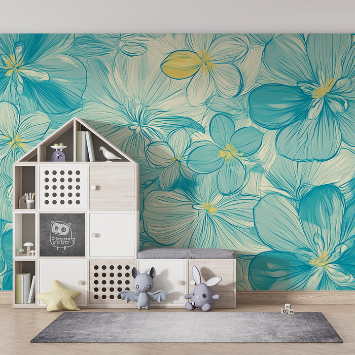 Lastenhuoneen tapetti | Siniset ja keltaiset akvarellikukat