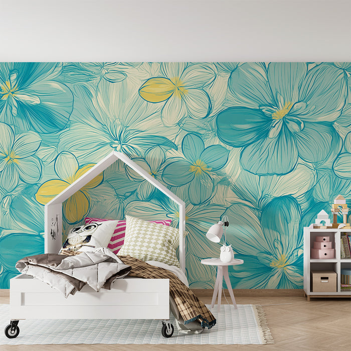 Lastenhuoneen tapetti | Siniset ja keltaiset akvarellikukat