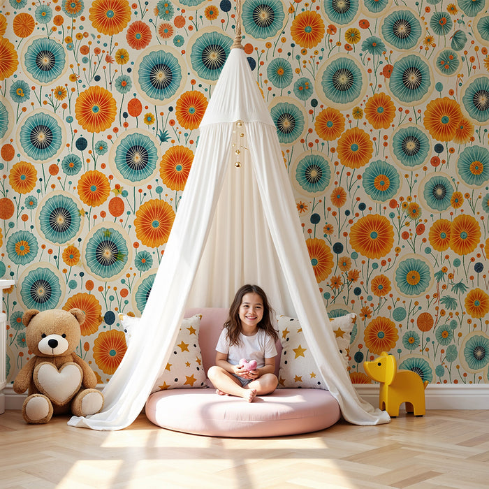 Barntapet | Retroblommor i blått och orange