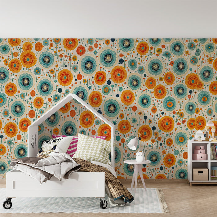 Barntapet | Retroblommor i blått och orange