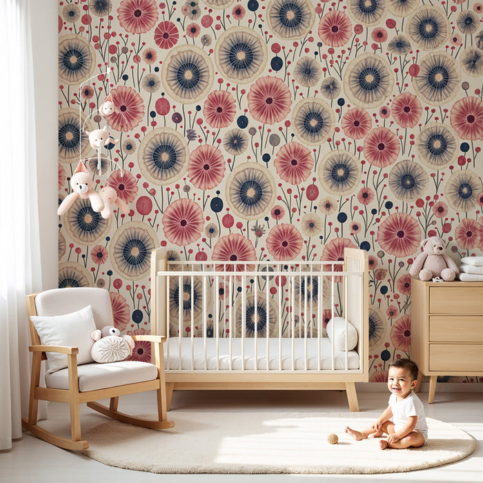 Lastenhuoneen tapetti | Retrokukat vaaleanpunaisena ja beigenä