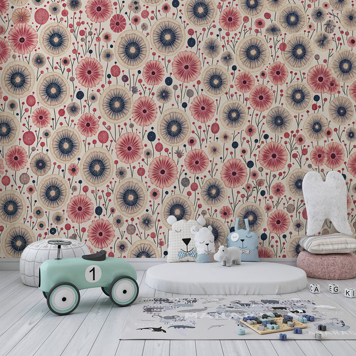 Lastenhuoneen tapetti | Retrokukat vaaleanpunaisena ja beigenä