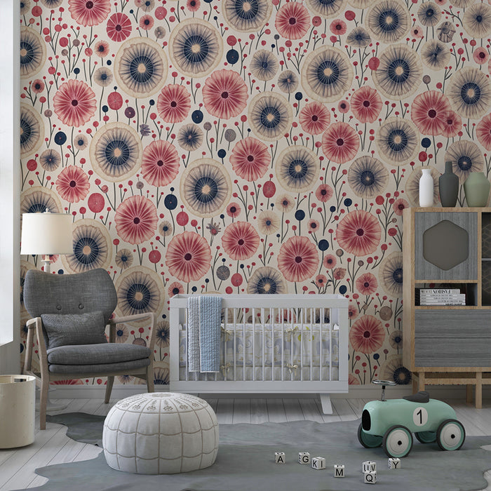 Lastenhuoneen tapetti | Retrokukat vaaleanpunaisena ja beigenä