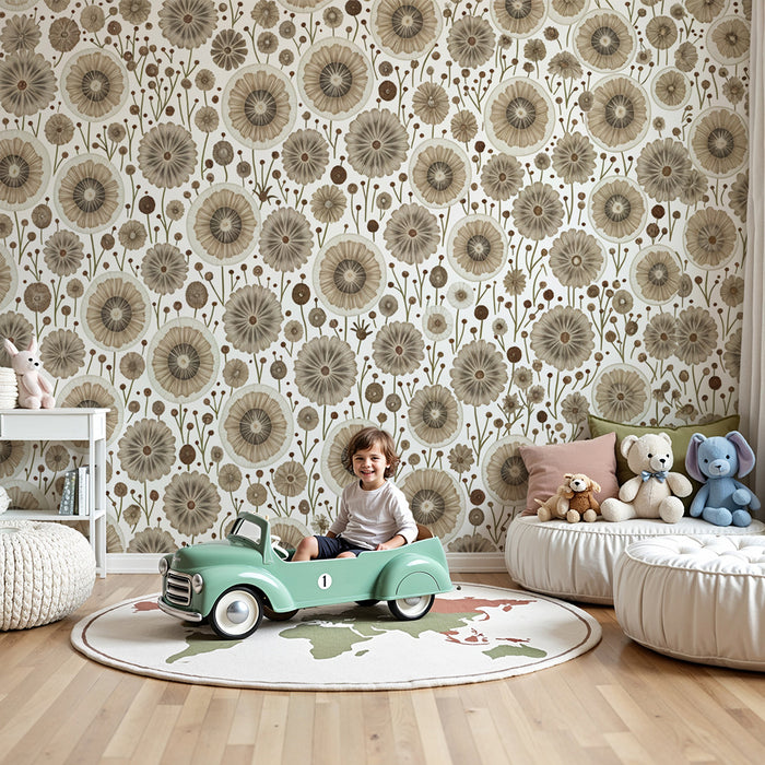 Papier peint chambre enfant | Fleurs vintage en tons neutres