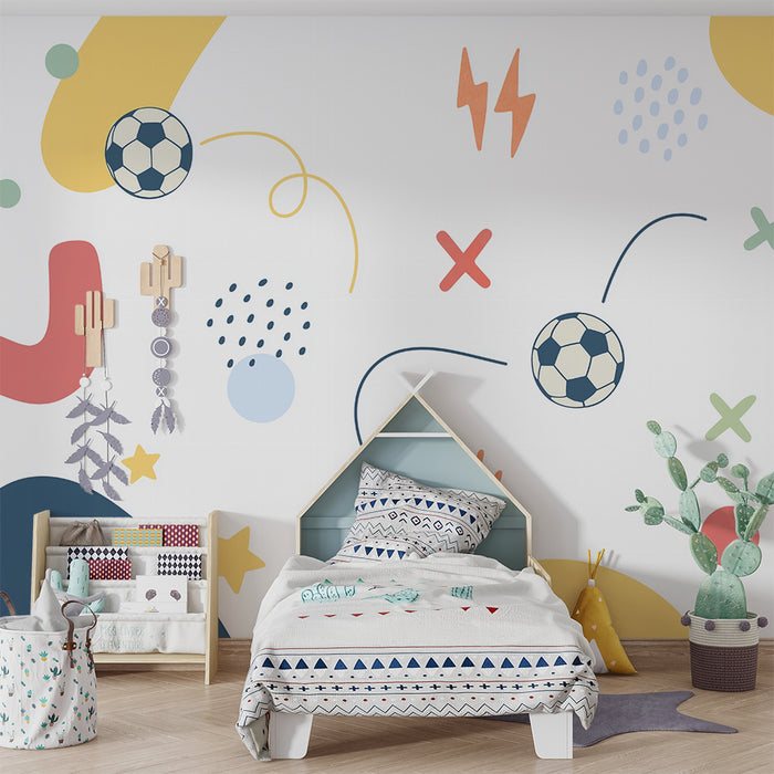 Kinderkamer behang | Voetbal en kleurrijke geometrische vormen