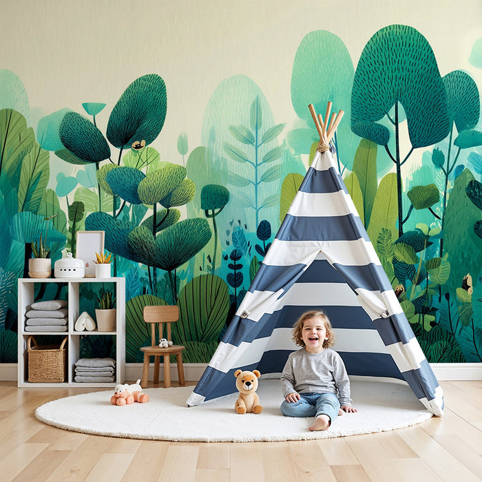 Lastenhuoneen tapetti | Sininen ja vihreä lumottu metsä