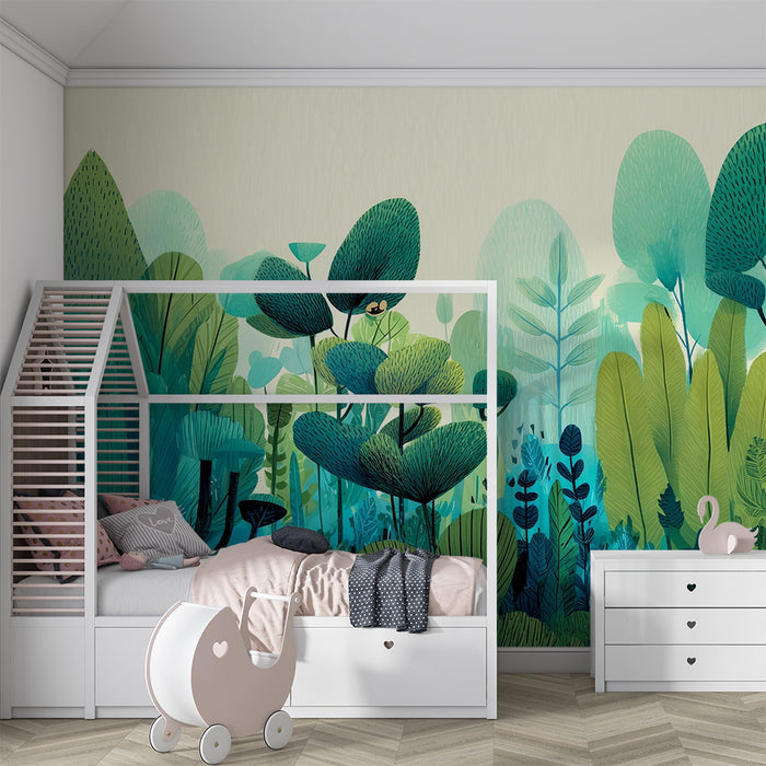 Lastenhuoneen tapetti | Sininen ja vihreä lumottu metsä