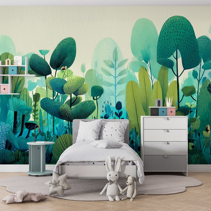 Lastenhuoneen tapetti | Sininen ja vihreä lumottu metsä