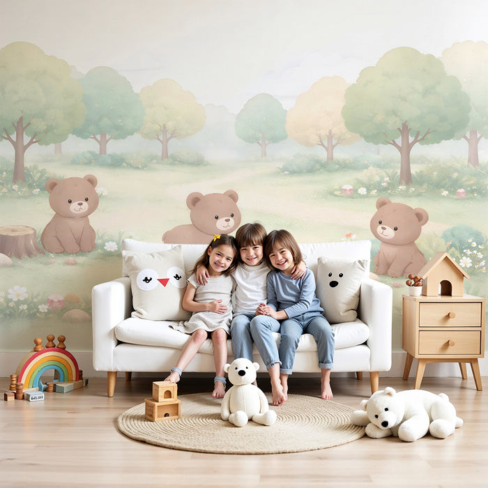 Papier peint chambre bébé | Oursons joyeux dans la forêt
