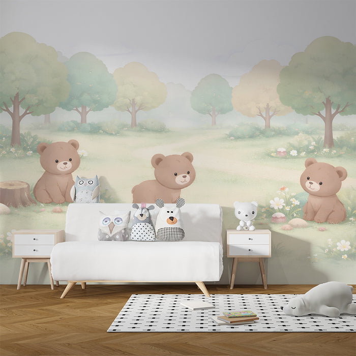 Papier peint chambre bébé | Oursons joyeux dans la forêt