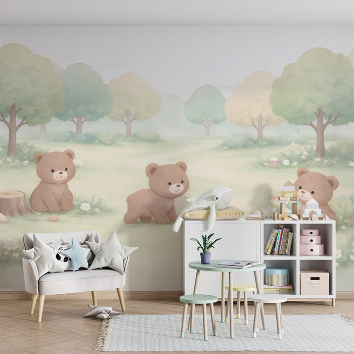 Papier peint chambre bébé | Oursons joyeux dans la forêt