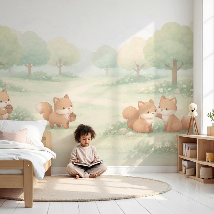 Papier peint chambre enfant | Petits renards dans la forêt verte