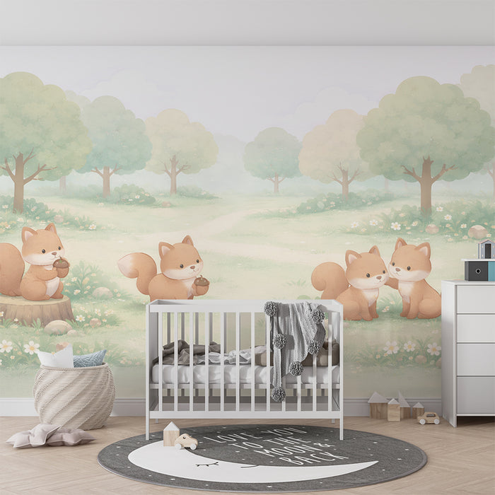 Papier peint chambre enfant | Petits renards dans la forêt verte