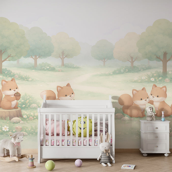 Papier peint chambre enfant | Petits renards dans la forêt verte