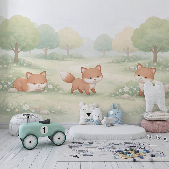 Papier peint chambre bébé | Renards mignons dans la forêt