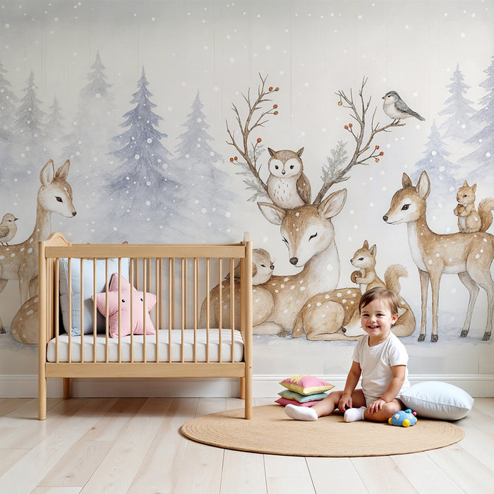 Papier peint forêt enchantée | Animaux et paysage hivernal