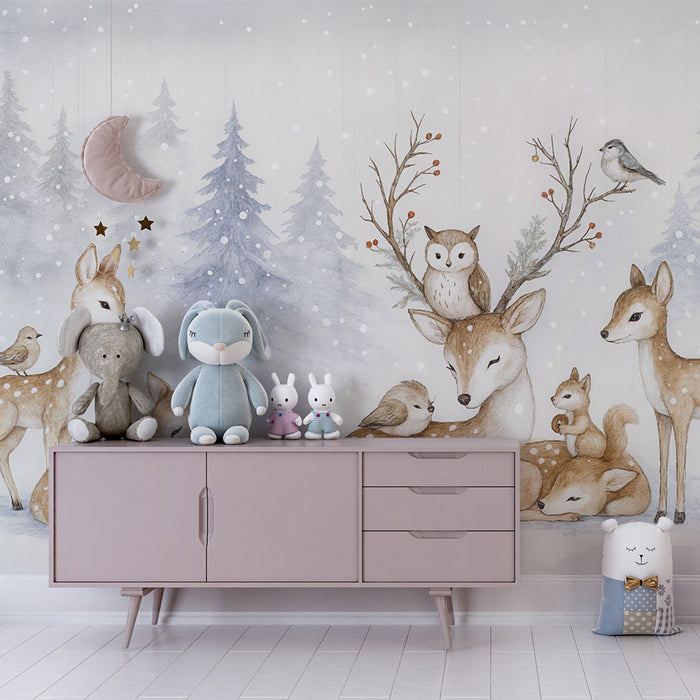 Papier peint forêt enchantée | Animaux et paysage hivernal