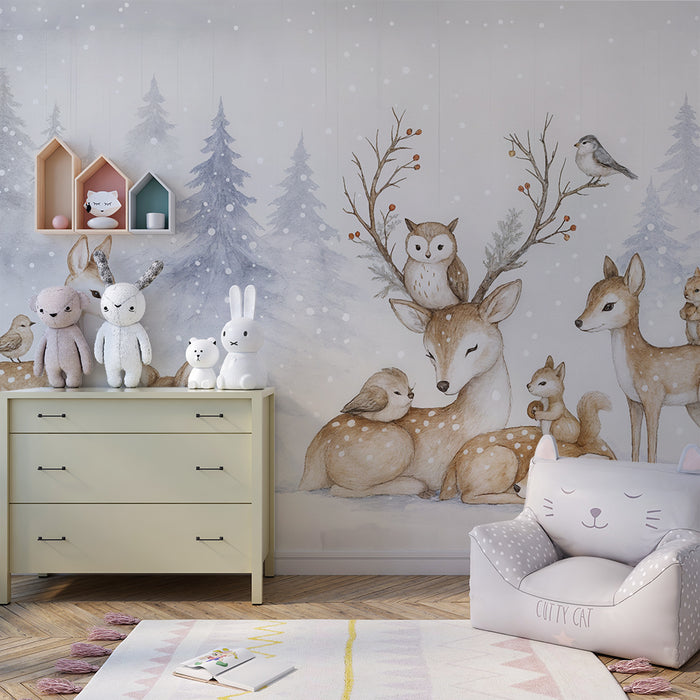 Papier peint forêt enchantée | Animaux et paysage hivernal