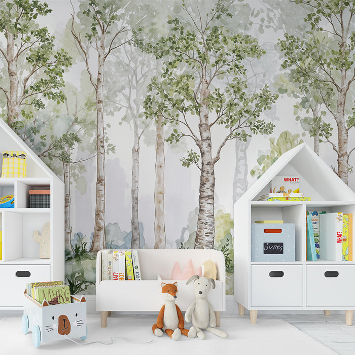 Barntapet skog akvarell | Lugn naturscen