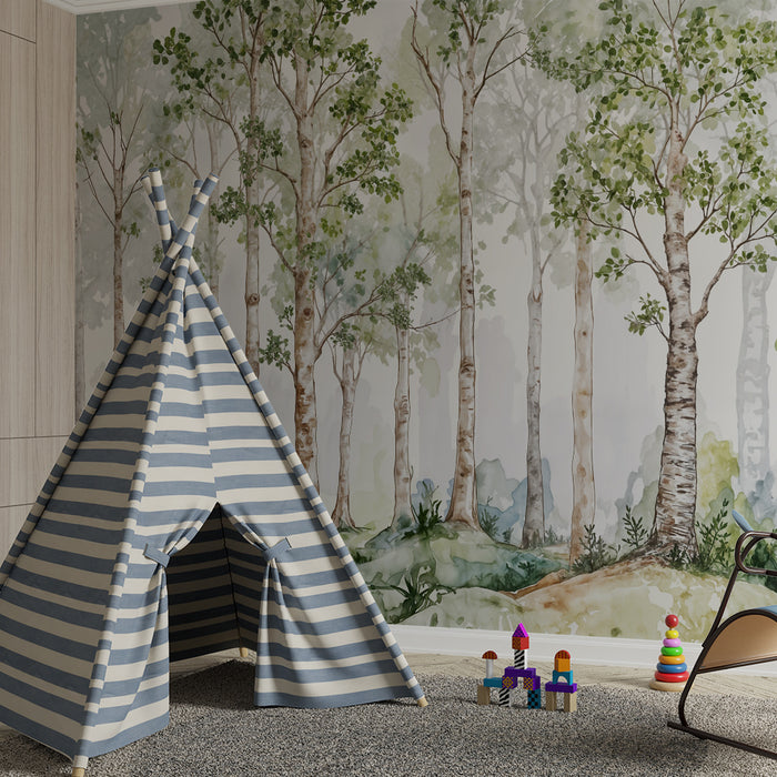 Barntapet skog akvarell | Lugn naturscen