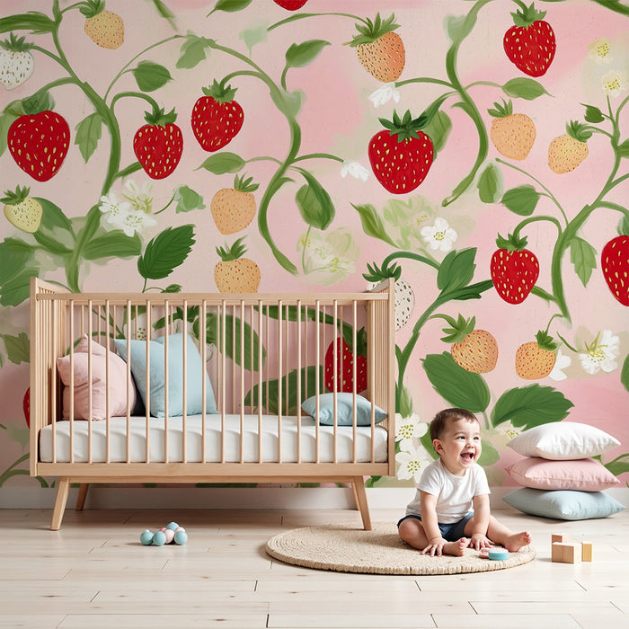 Dětský pokoj tapeta | Jahody a listí na růžovém pozadí