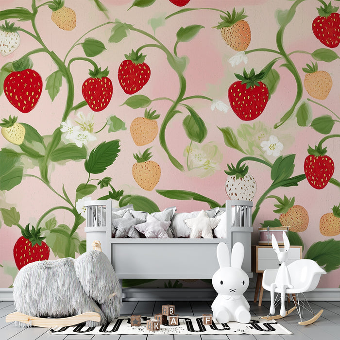 Dětský pokoj tapeta | Jahody a listí na růžovém pozadí