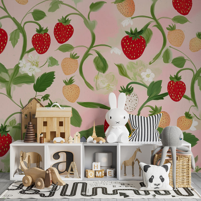 Dětský pokoj tapeta | Jahody a listí na růžovém pozadí