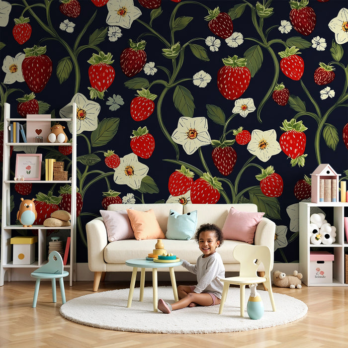Barntapet | Jordgubbar och blommor på mörk bakgrund