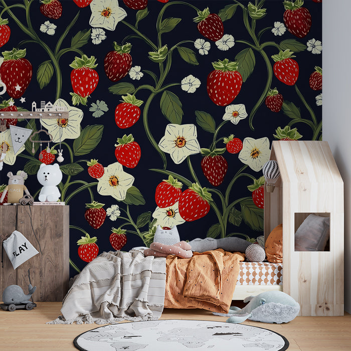 Barntapet | Jordgubbar och blommor på mörk bakgrund
