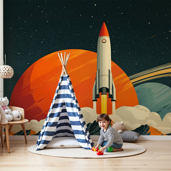 Lastenhuoneen tapetti | Avaruusraketti ja värikkäät planeetat