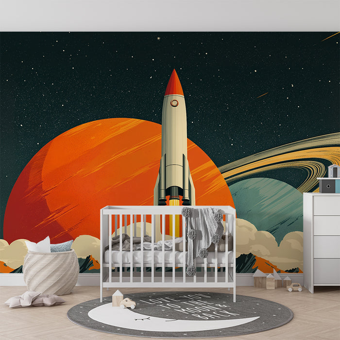 Lastenhuoneen tapetti | Avaruusraketti ja värikkäät planeetat