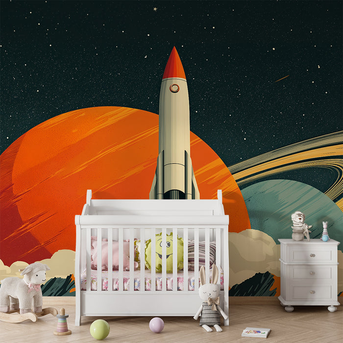 Lastenhuoneen tapetti | Avaruusraketti ja värikkäät planeetat