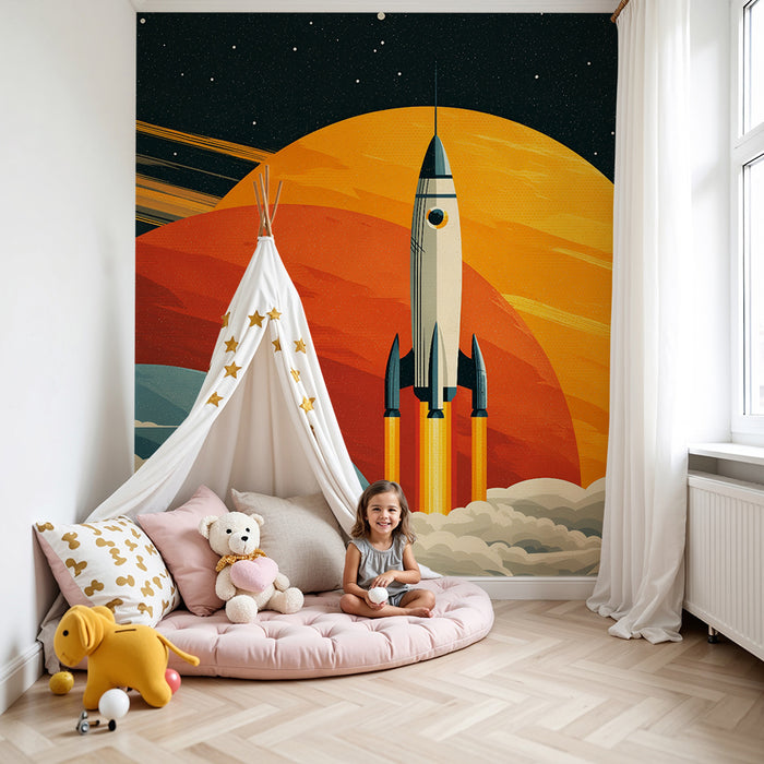Papier peint chambre enfant | Fusée et planètes rétro