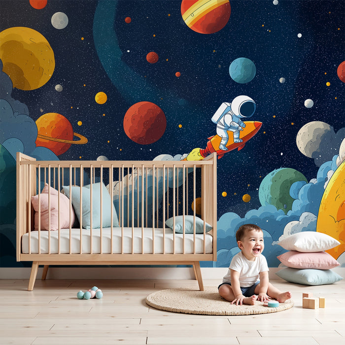 Lastenhuoneen tapetti | Astronautti ja värikkäät planeetat
