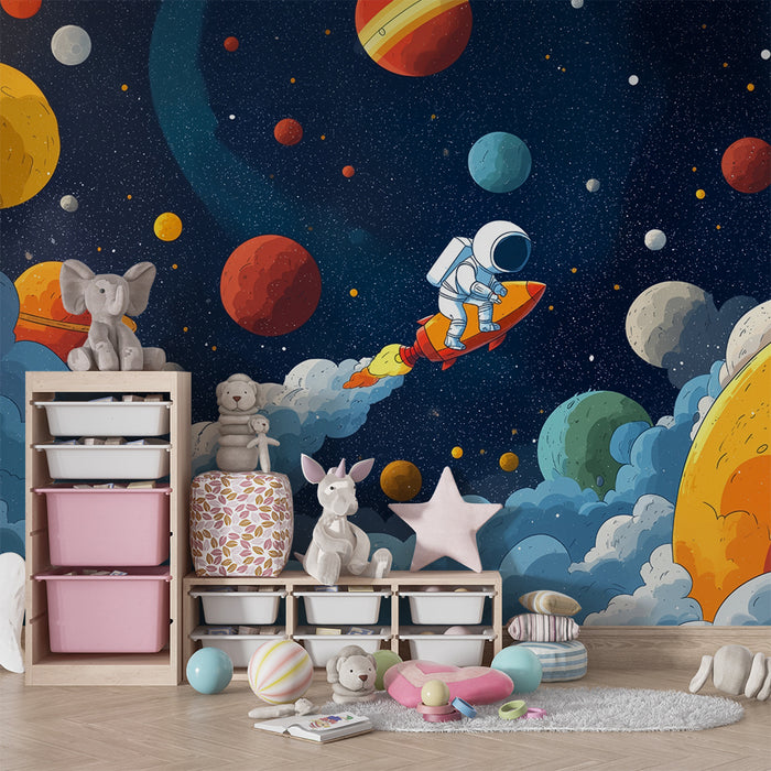 Lastenhuoneen tapetti | Astronautti ja värikkäät planeetat