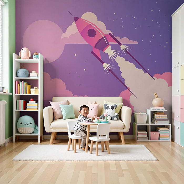 Lastenhuoneen tapetti | Avaruusraketti ja pastellitähdet