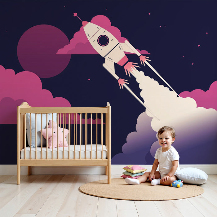 Lastenhuoneen tapetti | Avaruusraketti ja vaaleanpunaiset pilvet