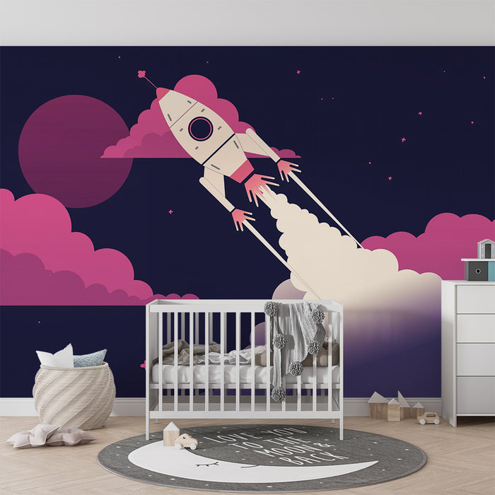 Lastenhuoneen tapetti | Avaruusraketti ja vaaleanpunaiset pilvet