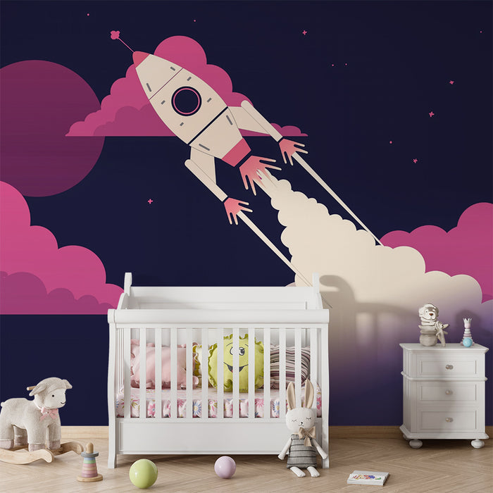 Lastenhuoneen tapetti | Avaruusraketti ja vaaleanpunaiset pilvet