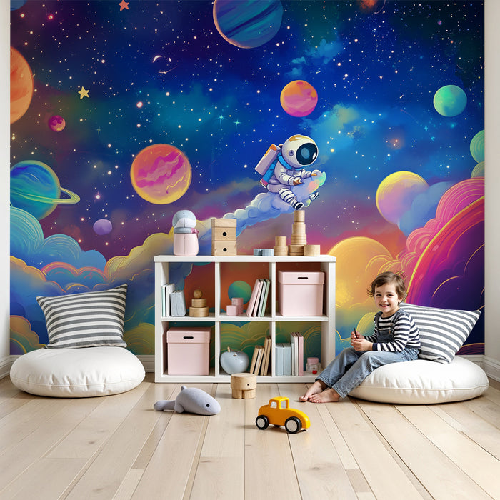 Papel pintado infantil | Universo cósmico y astronauta lúdico