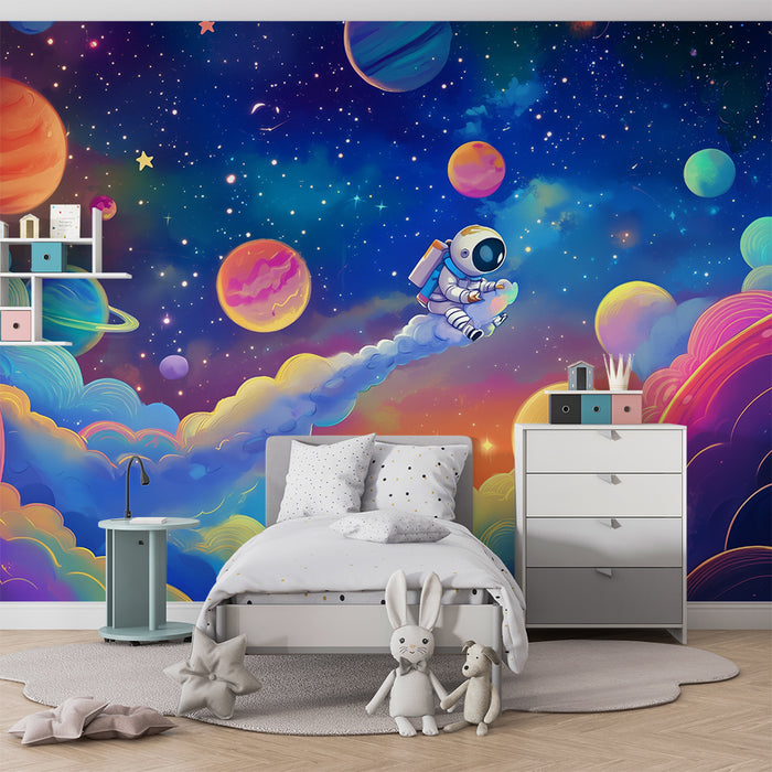 Papel pintado infantil | Universo cósmico y astronauta lúdico