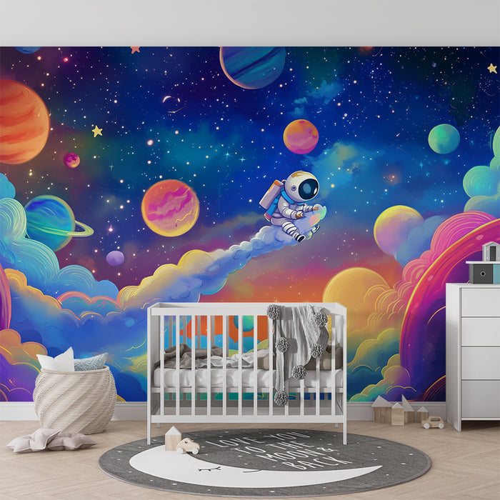 Papel pintado infantil | Universo cósmico y astronauta lúdico