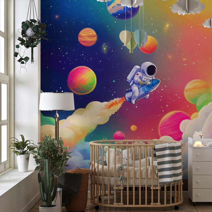 Lastenhuoneen tapetti | Astronautti ja moniväriset planeetat