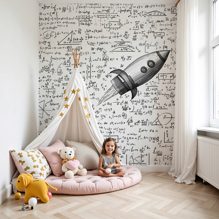 Papier peint chambre enfant | Fusée spatiale et formules mathématiques