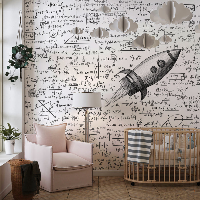 Papier peint chambre enfant | Fusée spatiale et formules mathématiques