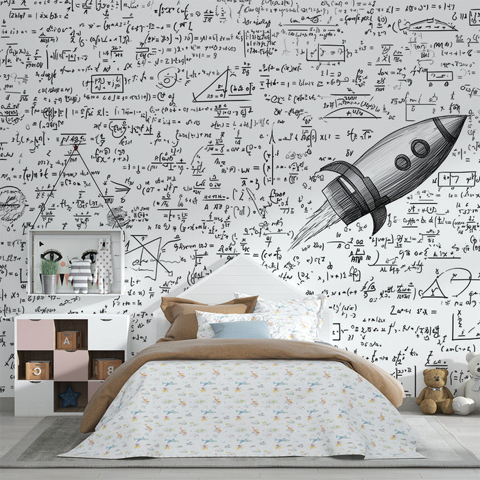 Papier peint chambre enfant | Fusée spatiale et formules mathématiques