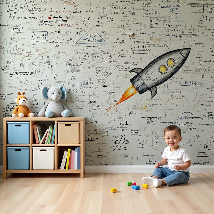 Papier peint chambre enfant | Fusée et équations spatiales