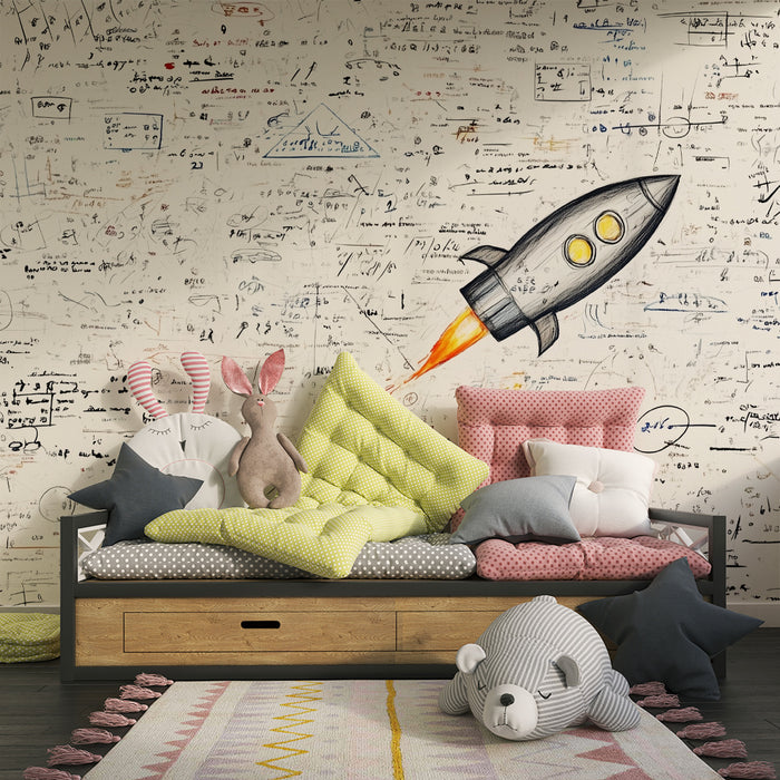 Papier peint chambre enfant | Fusée et équations spatiales