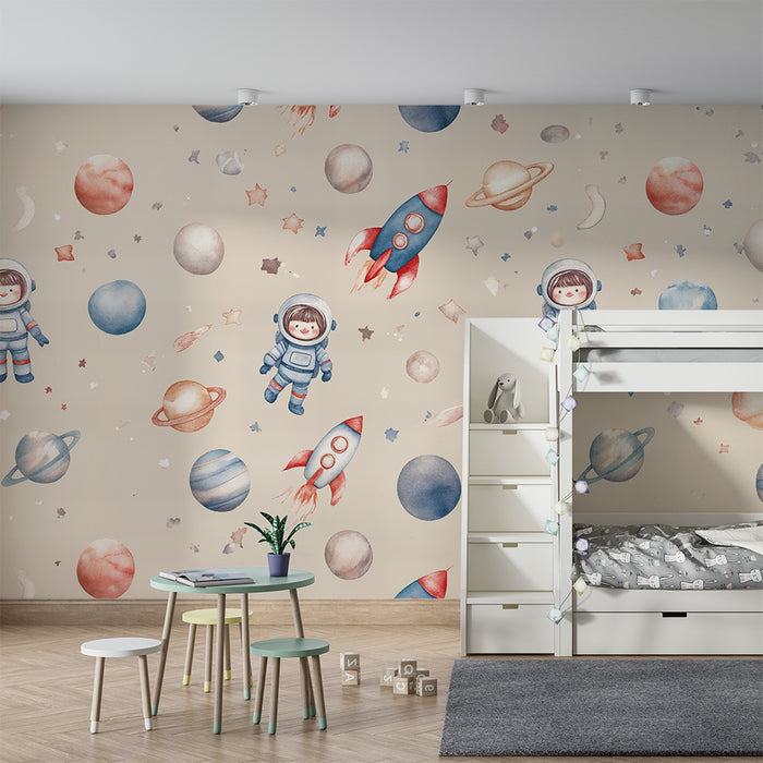 Børneværelse tapet | Astronauter og pastelfarvede planeter